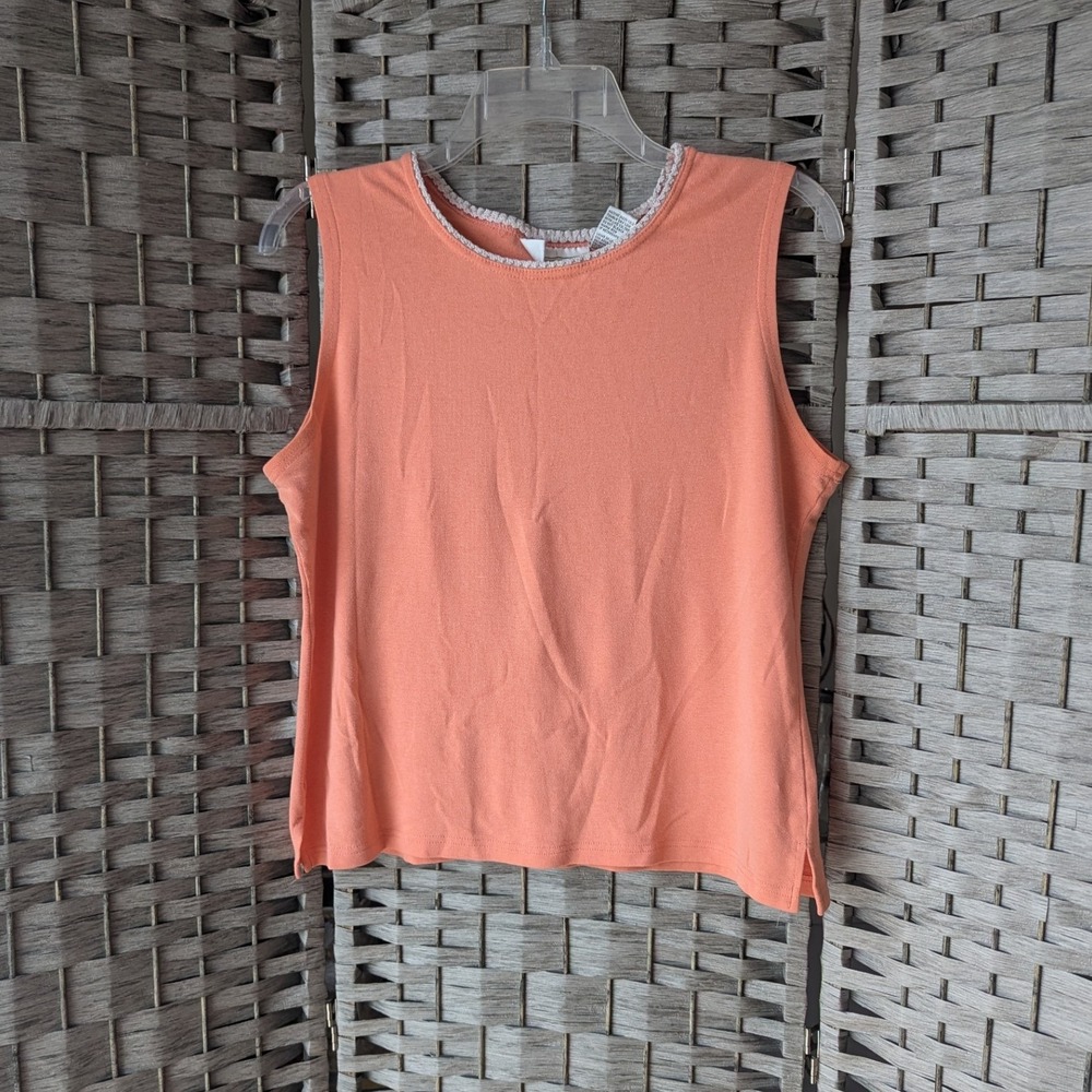 Vtg Knit Tank Top Shell Peach Crochet Neckline Trim Sleeveless XL Cottagecore